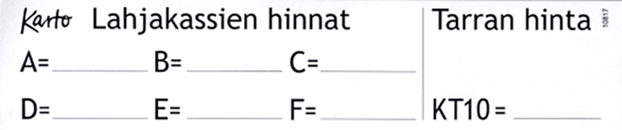 Hintatarra lahjakassien ja tarrojen hinnat A-F KT10 blanco FI